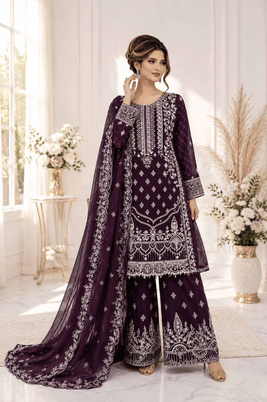 (51) Ramsha Chiffon plum Embellished Palazzo Set – Elegant Luxe Look - Image 2