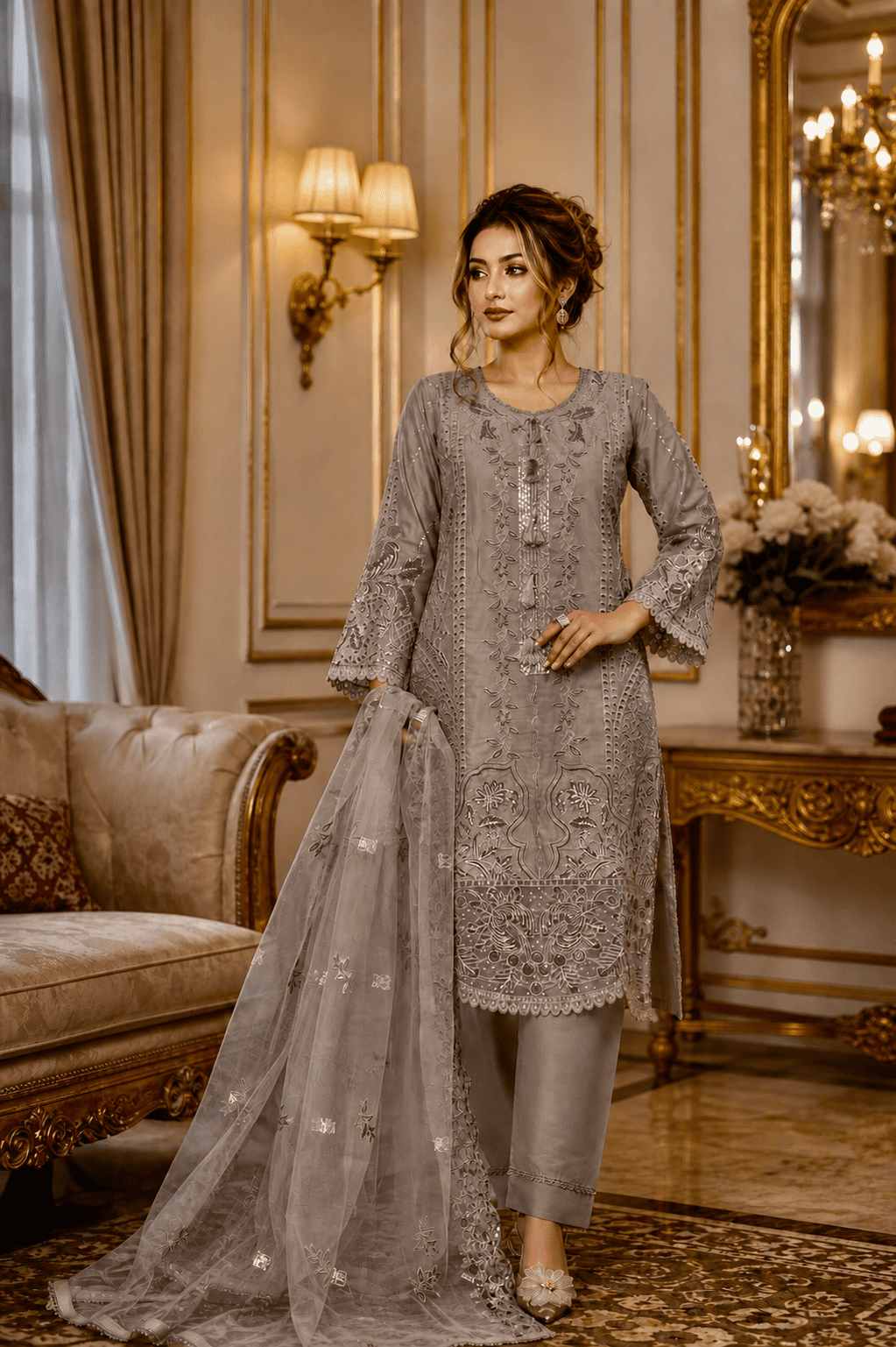 (156) Munira Premium Lawn Suit | Beaded Sequin Embroidery & Chiffon Dupatta - Image 4