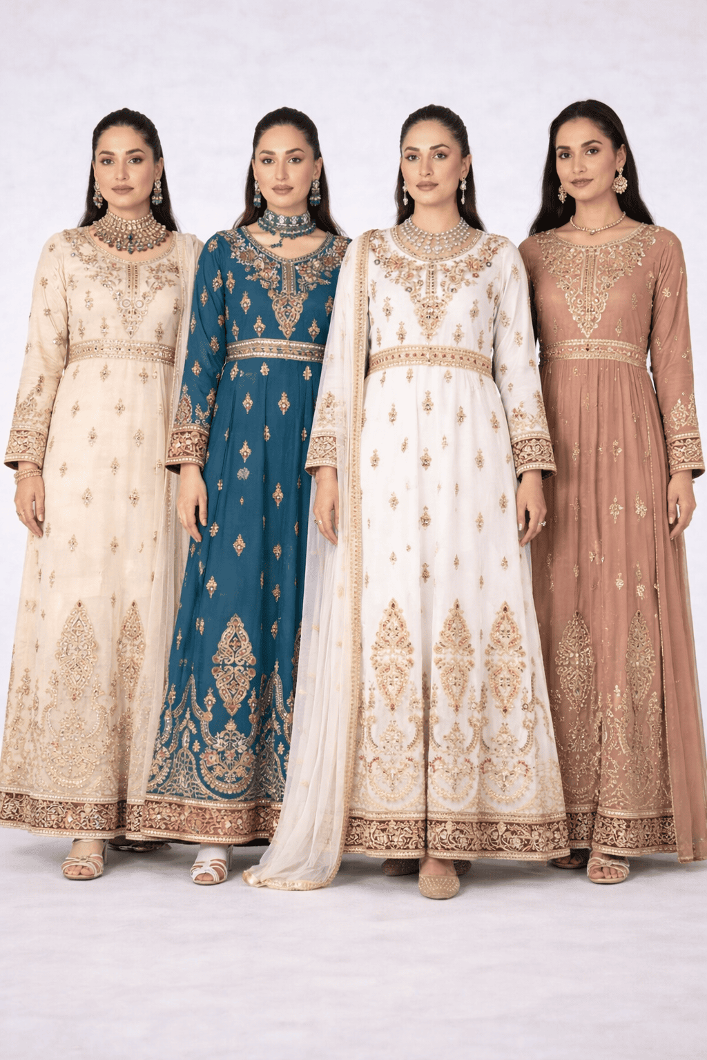 (105) Blue Crinkle Chiffon Anarkali | Gold Embroidery & Diamante Work - Image 2