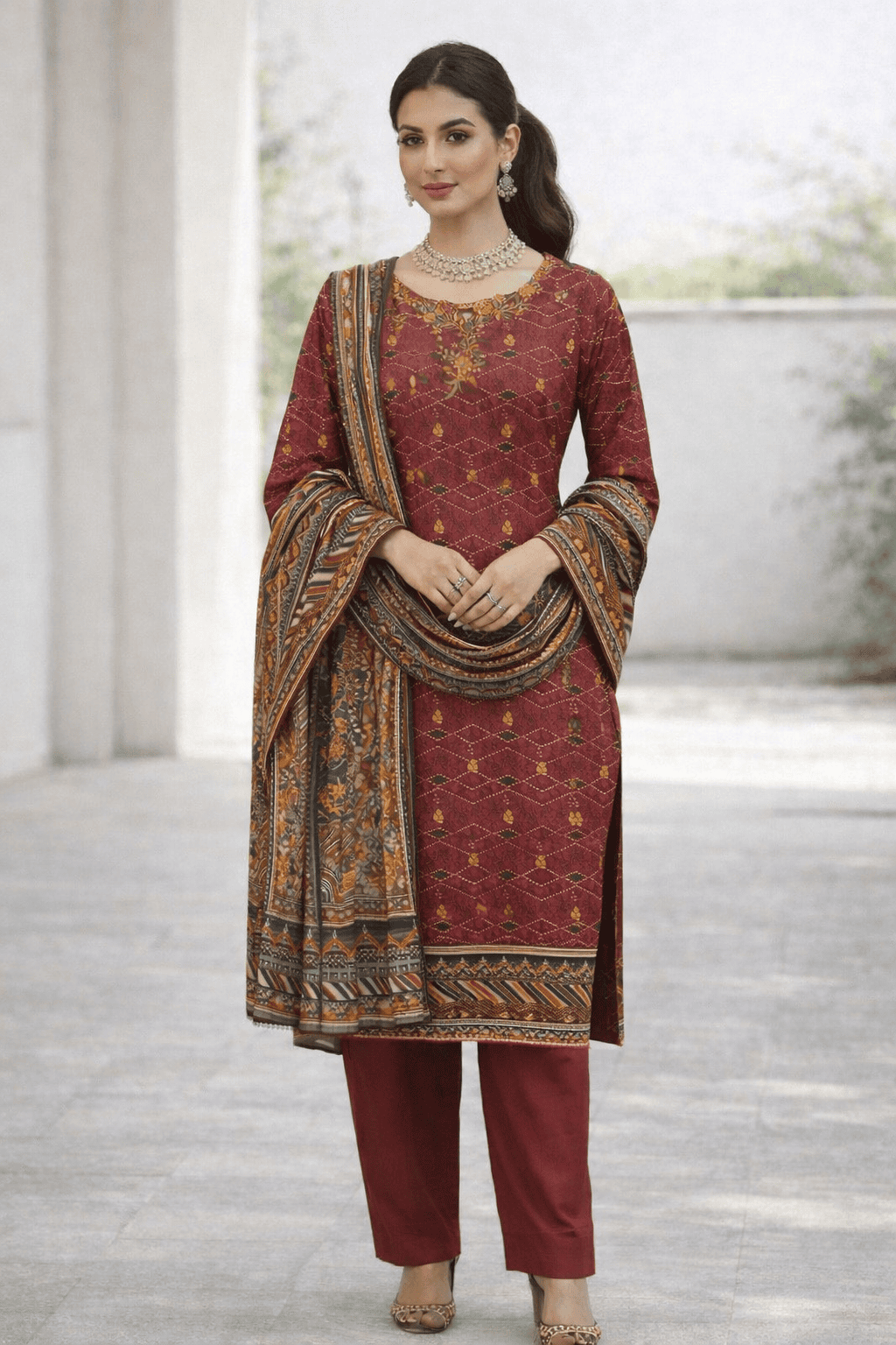 (230) Bin Saeed Printed Khaddar Gold Thread Embroidered Ready-to-Wear Suit - Image 5