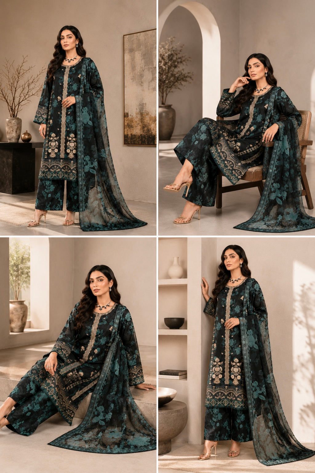 (213) Elegant Floral Lawn Suit | Gold Thread & Sequin Embroidery - Image 5