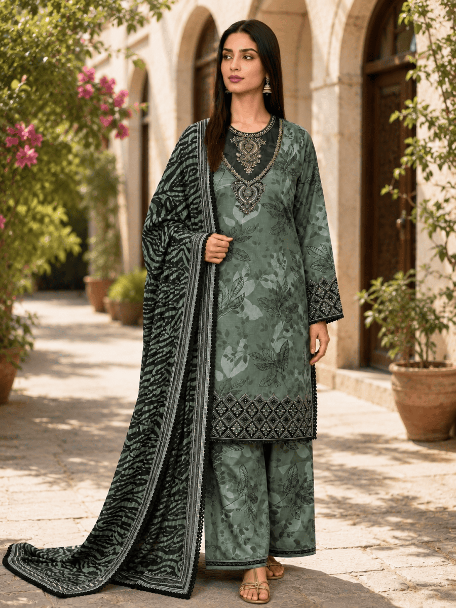 Elegant Lawn lace sequin printed embroidered three peice suit ready to wear