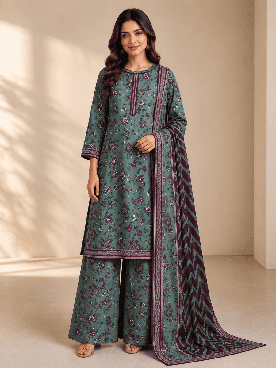 (94) Bin Saeed Elegant floral Lawn Suit Contrast Lace & Printed Dupatta Ready to Wear
