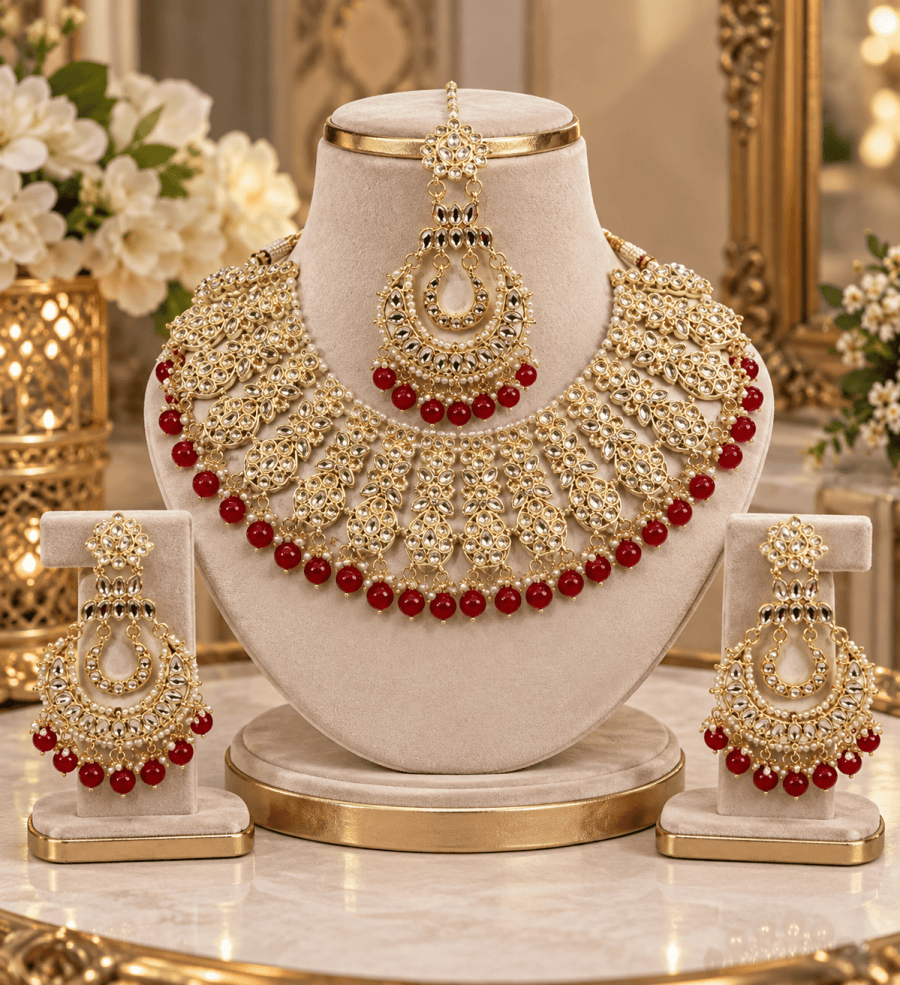 (J6) Pakistani elegant deep red silver diamonte jewelry set