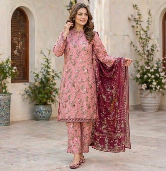 (117) Bin Saeed Lawn Suit | Floral Print & Contrast Dupatta - Image 4