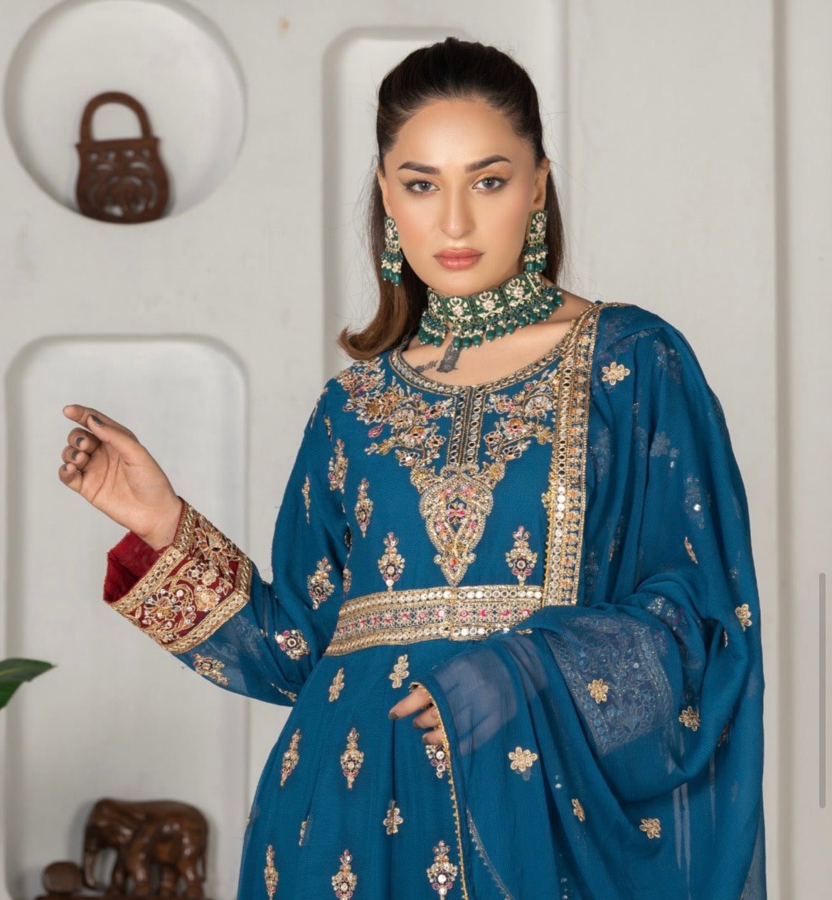 (105) Blue Crinkle Chiffon Anarkali | Gold Embroidery & Diamante Work - Image 5