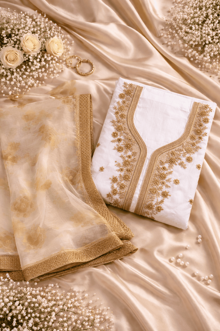 (7) Indian Cotton Hand Embroidered Unstitched Suit with Chiffon Dupatta