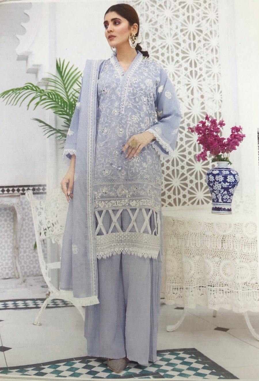 (209) Mirror-Lace Embroidered 3-Piece Suit with Crinkle Palazzo & Organza Dupatta