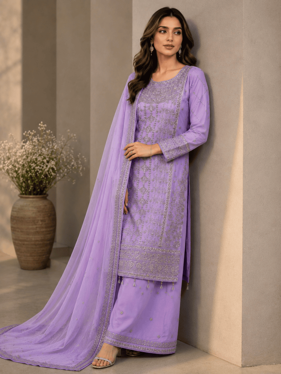 (147) elegant lillac gold embroidered chiffon fully lined detailed plazzo ready to wear