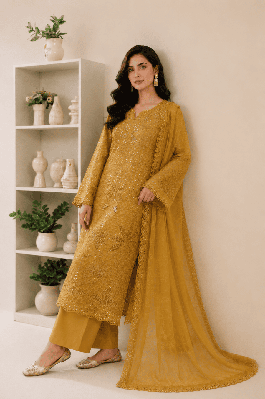 (182) Maria b inspired embroidered arabic lawn lace cutwork pearl sequins printed tissue silk dupatta ready to wear