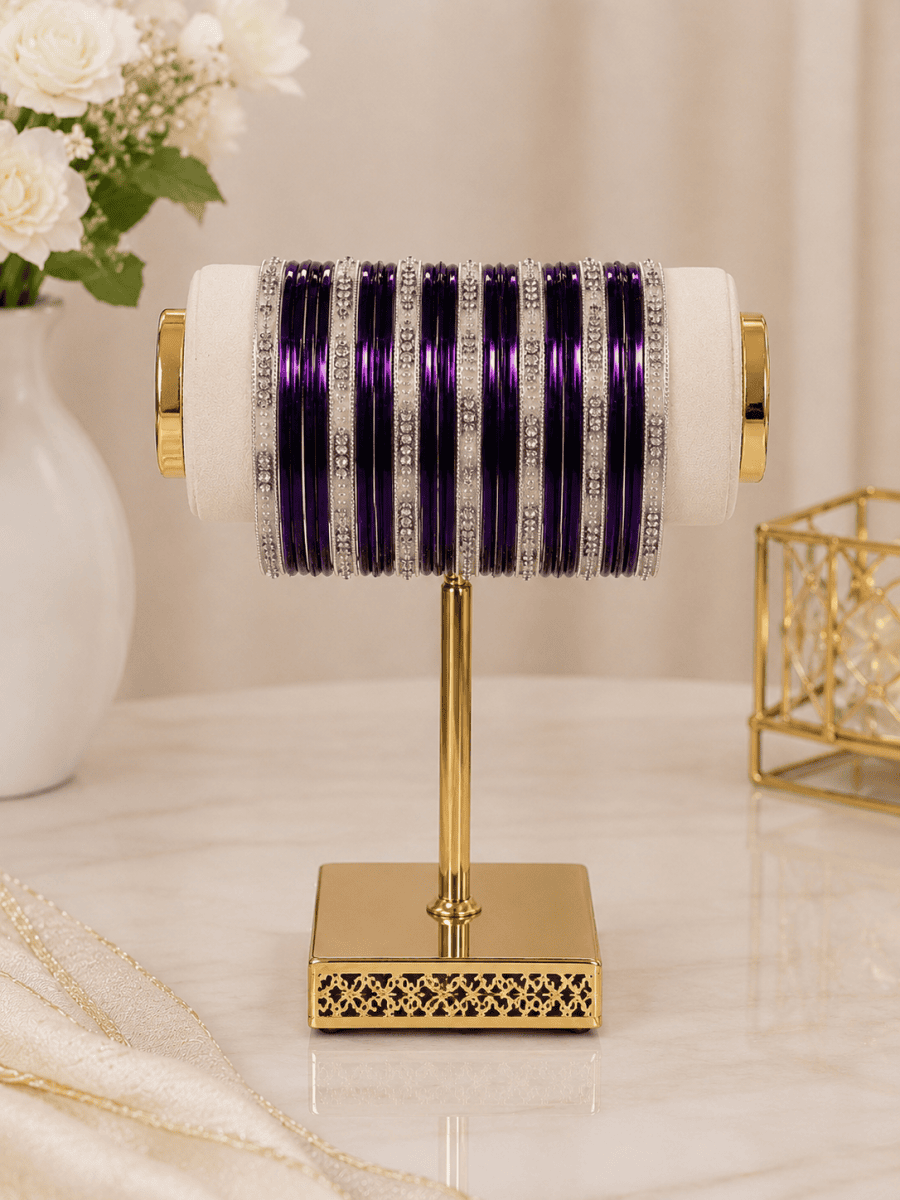 (B14) Elegant deep purple bangle set featuring glossy slim bangles beautifully paired with sparkling silver crystal detailing size 2.4