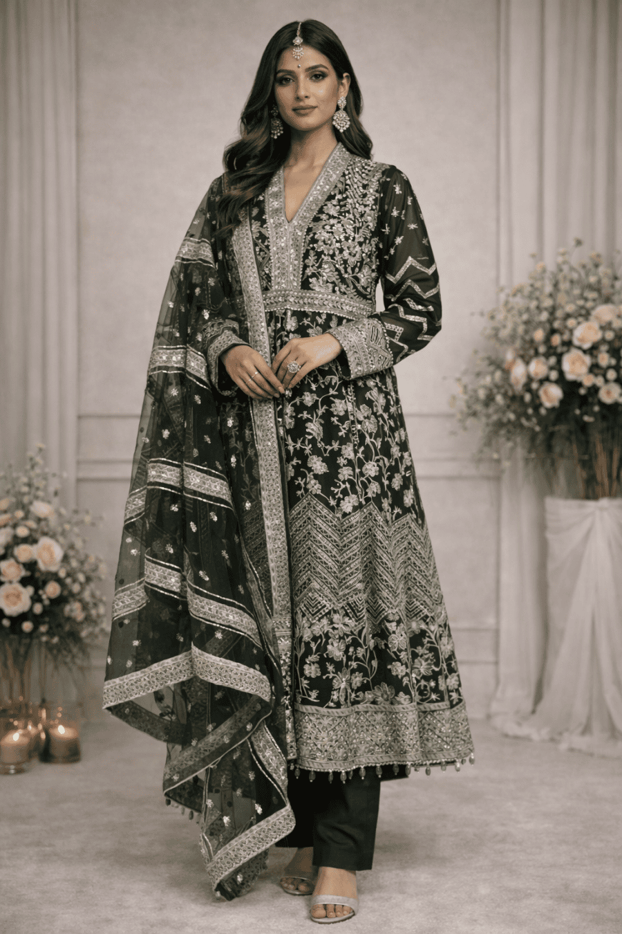 (259) Aadnan Libas Style Organza Anarkali | Pearl & Sequin Embroidery