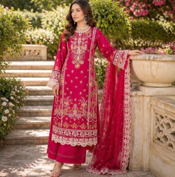(198) Munira Premium Lawn Suit with Chiffon Palazzo Floral Beaded Dupatta