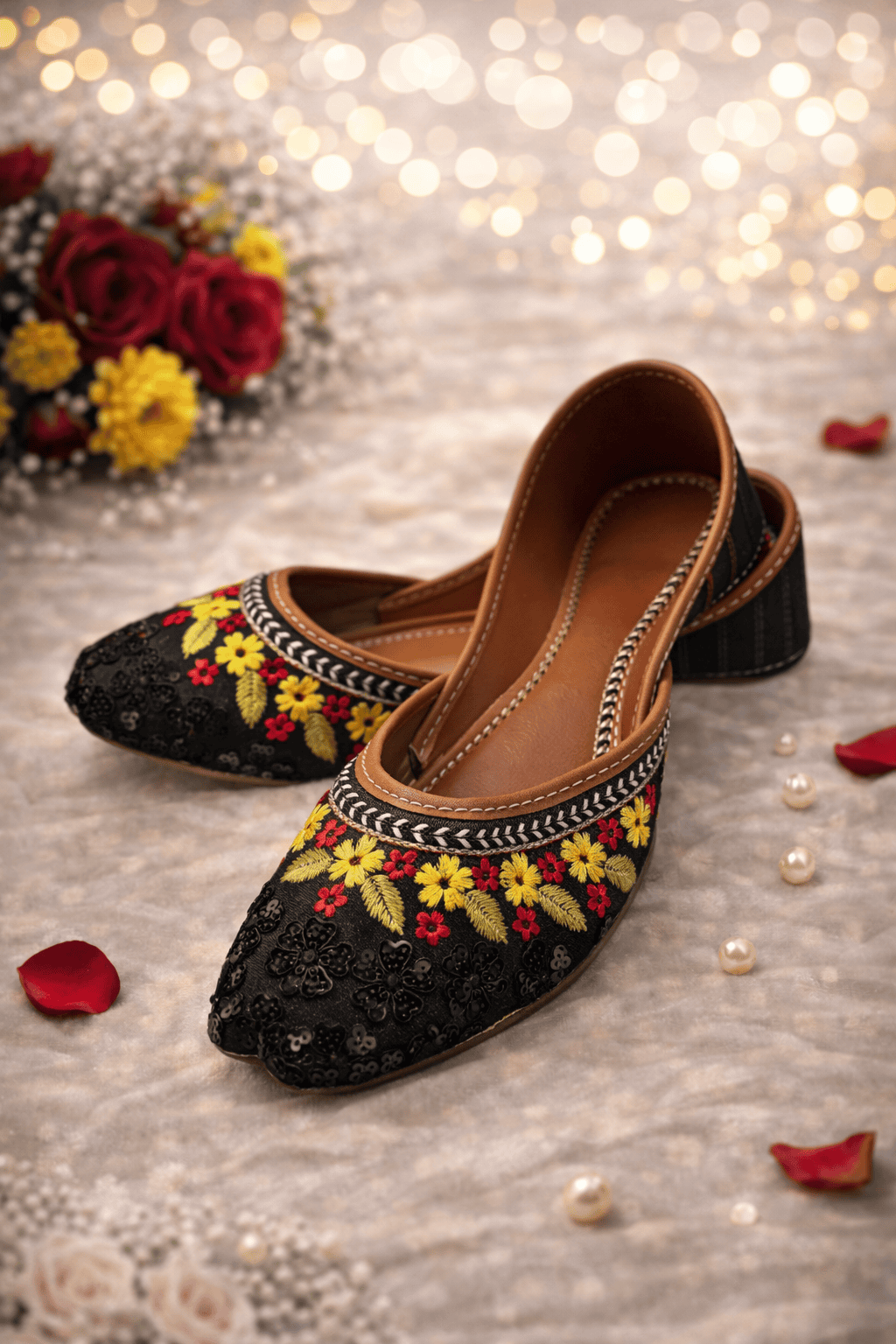 (S11) Handmade Black Embroidered Khussa – Soft Foam Punjabi Jutti with Non-Slip Sole - Image 3