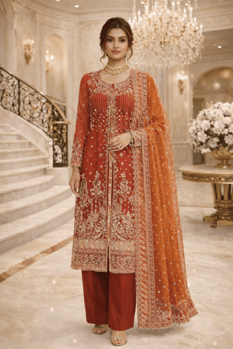 (58) Pakistani Embroidered Organza Suit – Deep Red Diamante & Pearl Party Wear