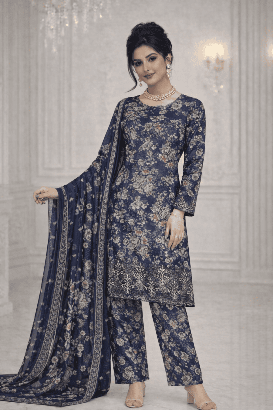 (9) Pakistani Casual Linen Floral Printed Suit with Embroidered Patchwork Lace