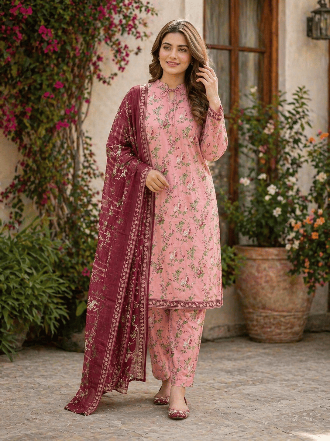 (117) Bin Saeed Lawn Suit | Floral Print & Contrast Dupatta