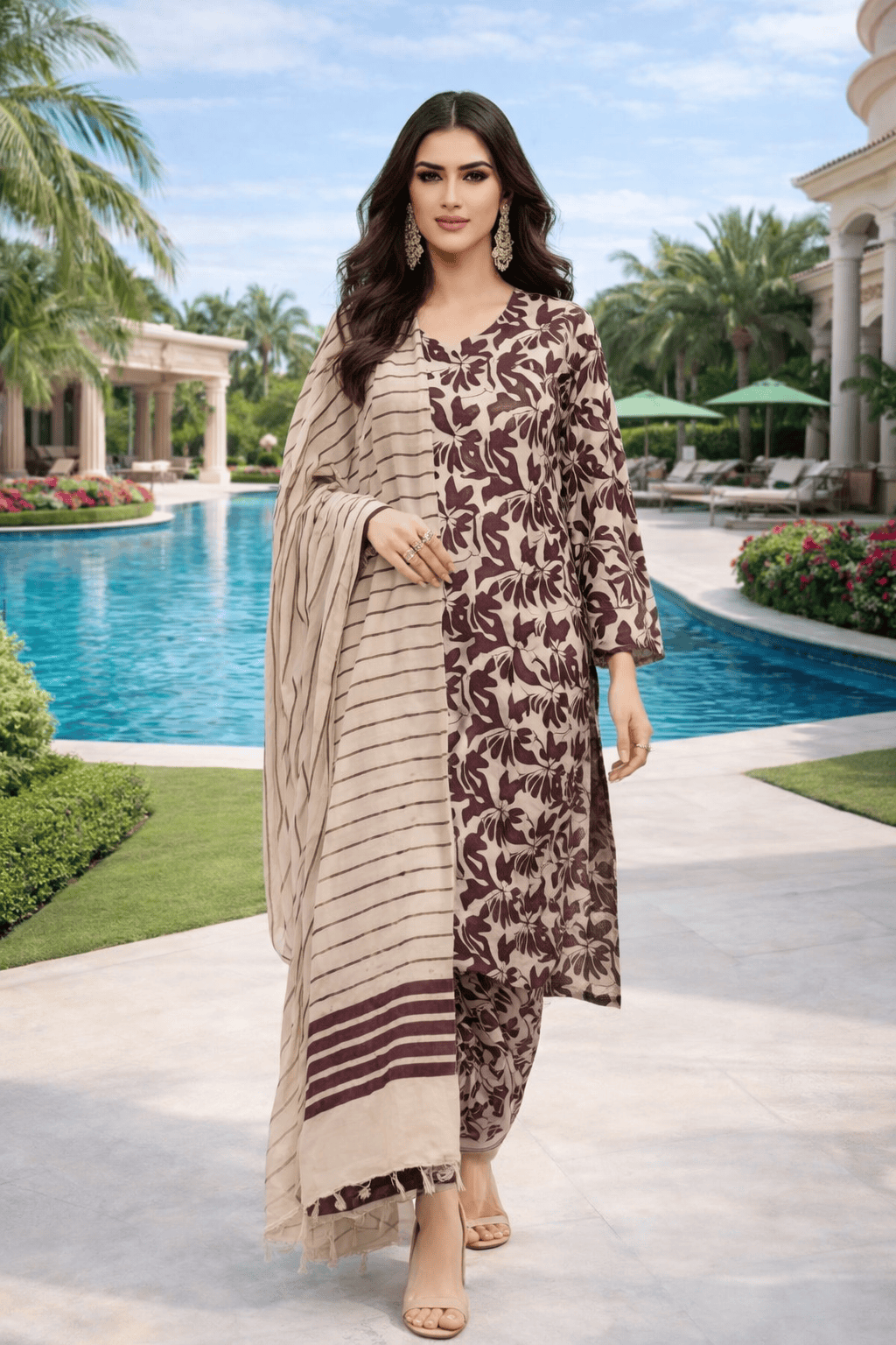 (19) Pakistani Printed Soft Khaddar Winter Suit with Gold Thread Detailed Shawl - Image 2