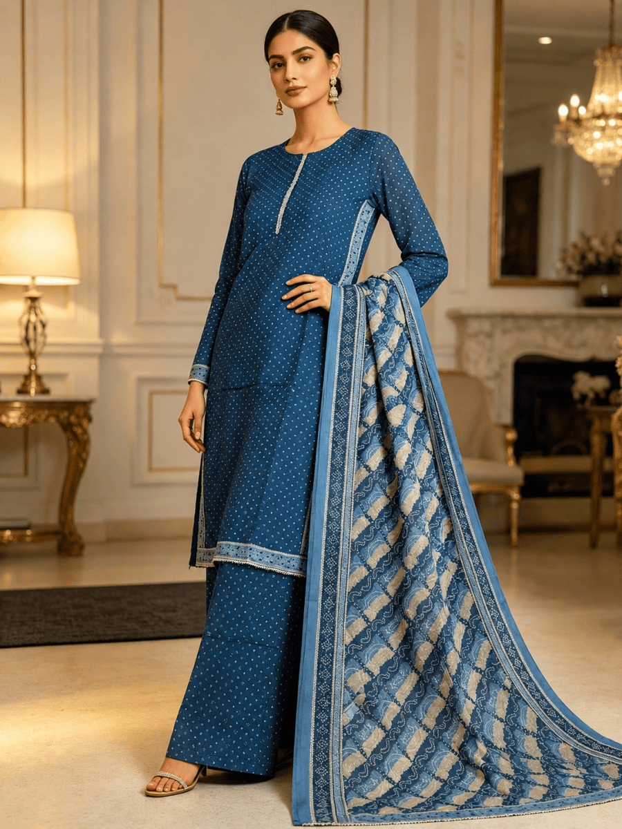 (95) Bin Saeed Elegant Lawn Suit Contrast Lace & Printed Dupatta plazzo trousers Ready to Wear