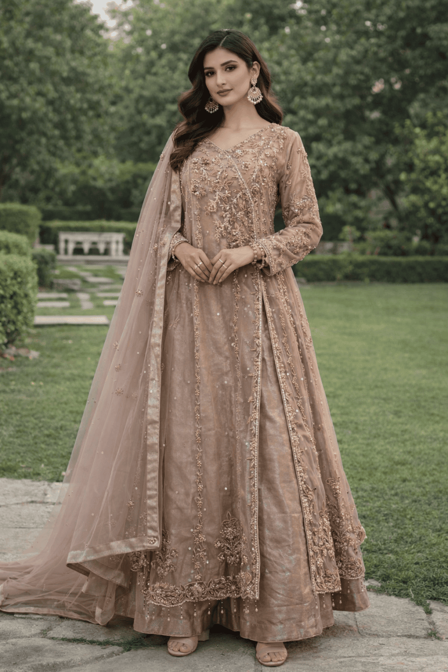 (216) Elegant Wedding Party 2 Piece Suit with Organza Dupatta & Hand Embroidery