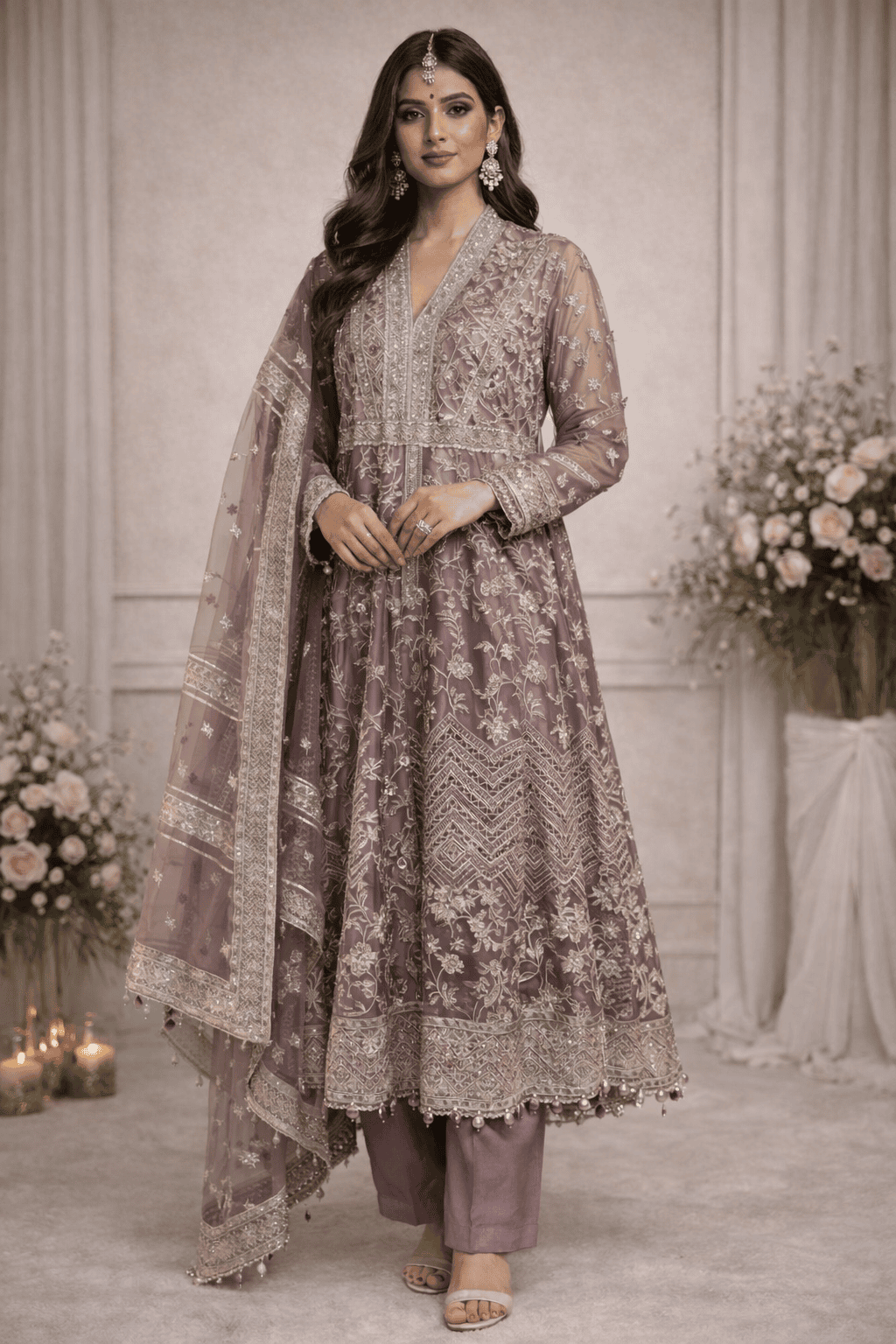 (261) Aadnan Libas Style Organza Anarkali | Pearl & Sequin Embroidery - Image 6