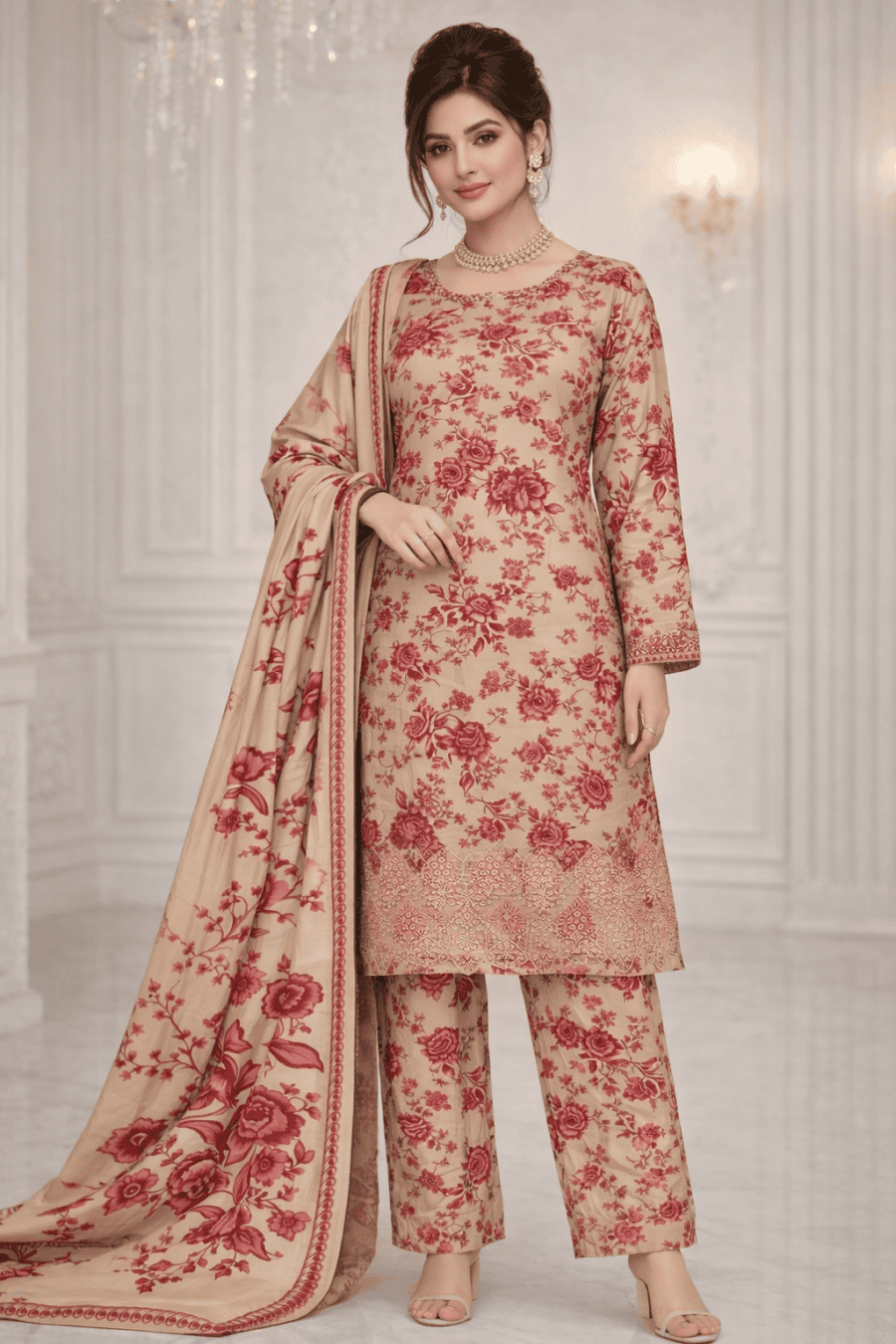 (5) Pakistani Linen Floral Printed Suit with Embroidered Matching Linen Dupatta