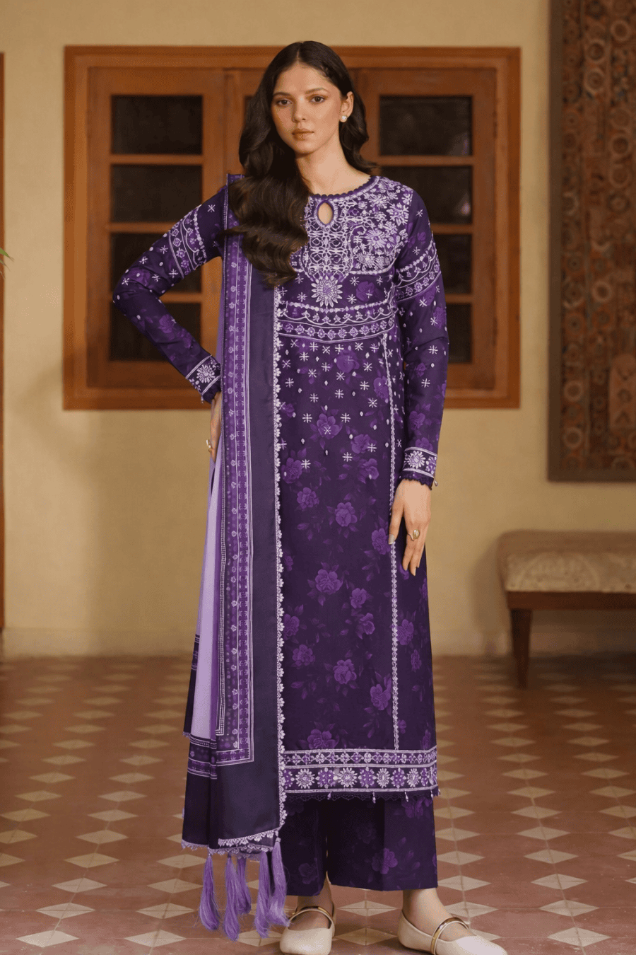 (194) Farasha Meline Powder Plum Suit | Premium Viscose & Twill Shawl