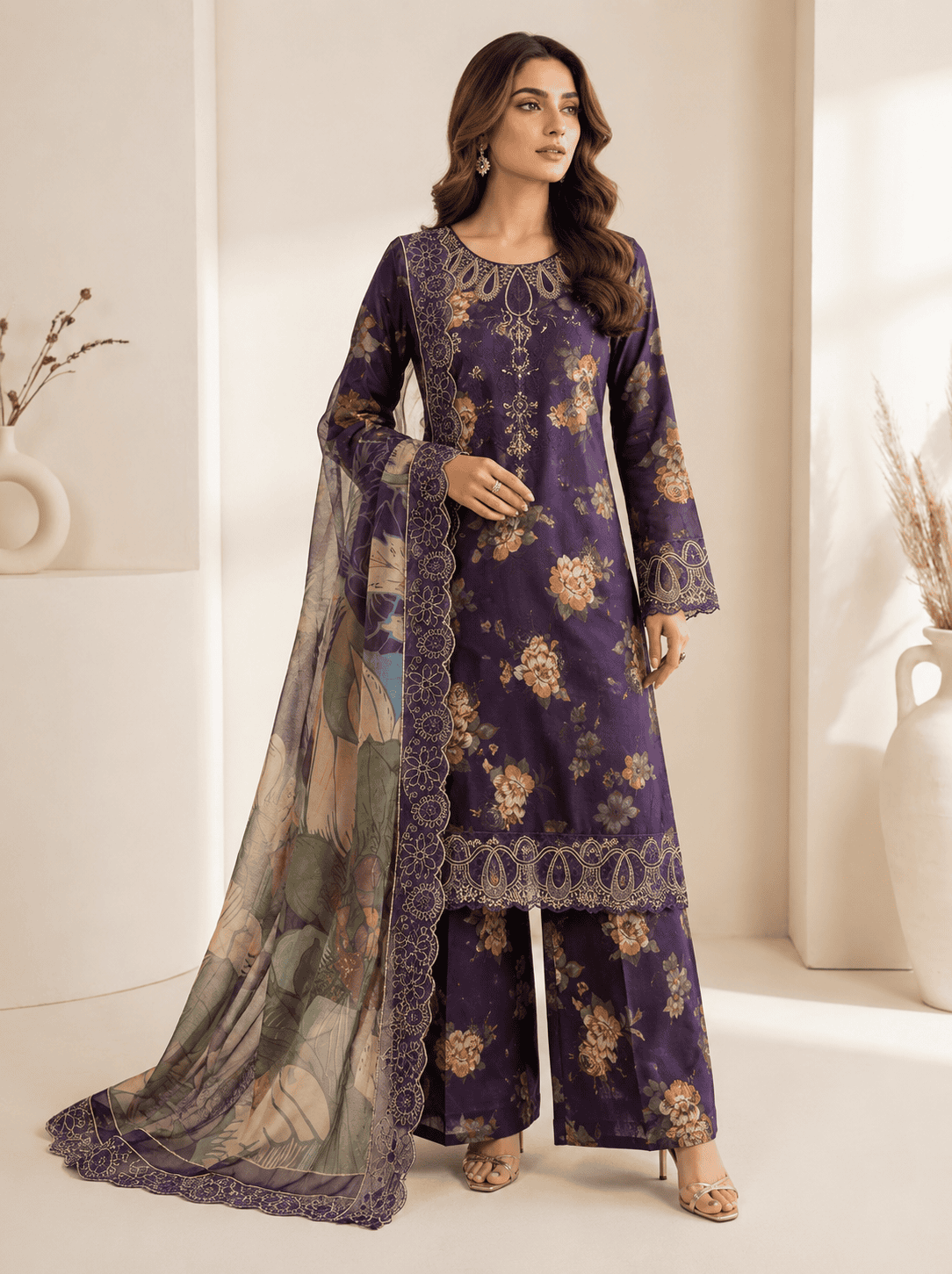 (226) Deep Purple Lawn Suit | Embroidered Neckline & Crinkle Chiffon Dupatta - Image 2