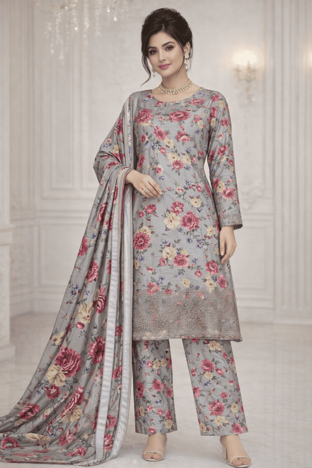(126) Pakistani Linen Floral Suit | Embroidered Lace & Matching Dupatta - Image 2