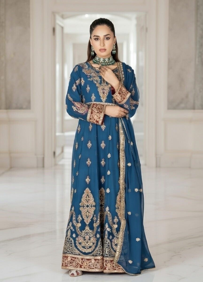 (105) Blue Crinkle Chiffon Anarkali | Gold Embroidery & Diamante Work - Image 3