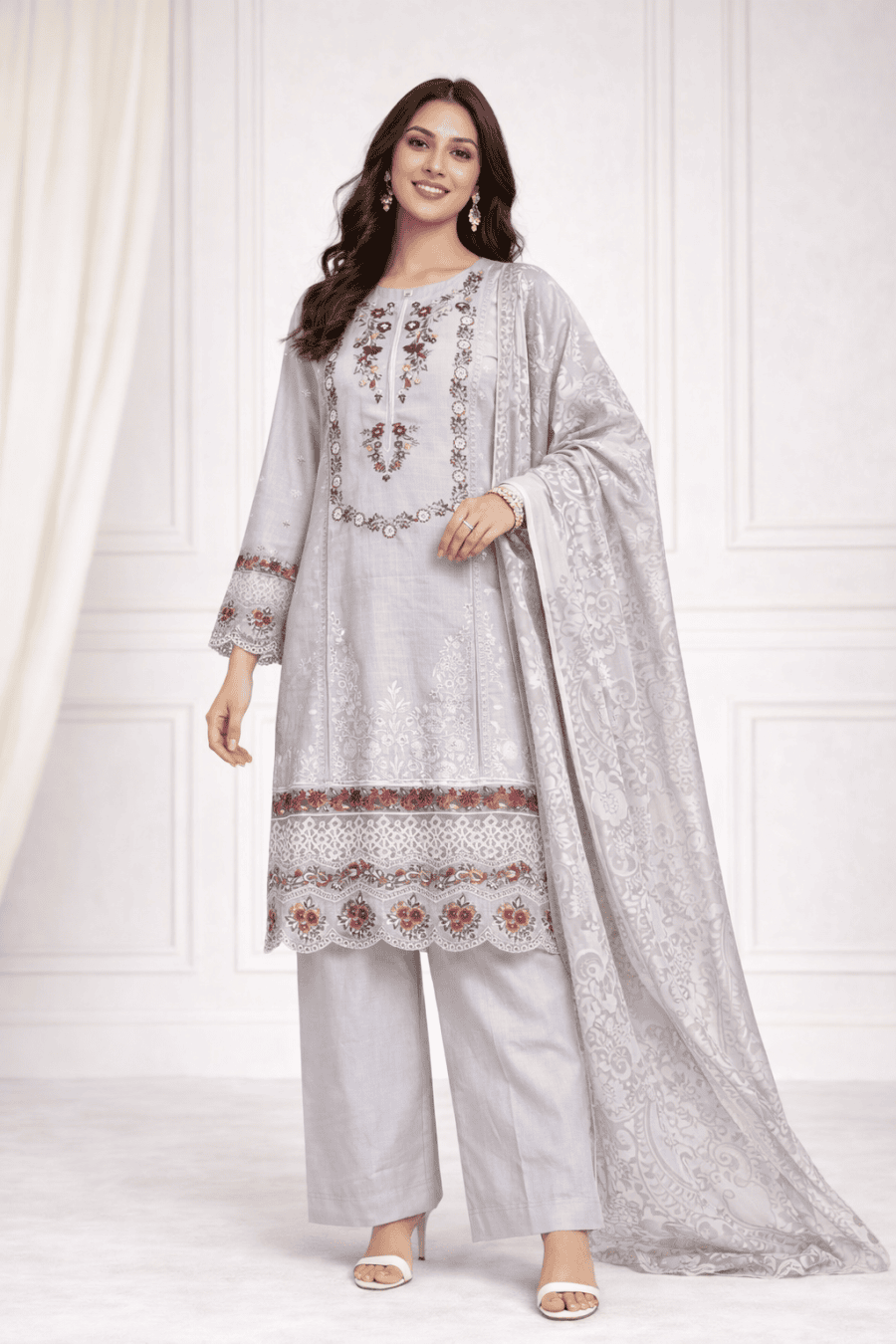 (45) Elegant Pakistani Lawn Suit | Lace, Sequin & Floral Dupatta
