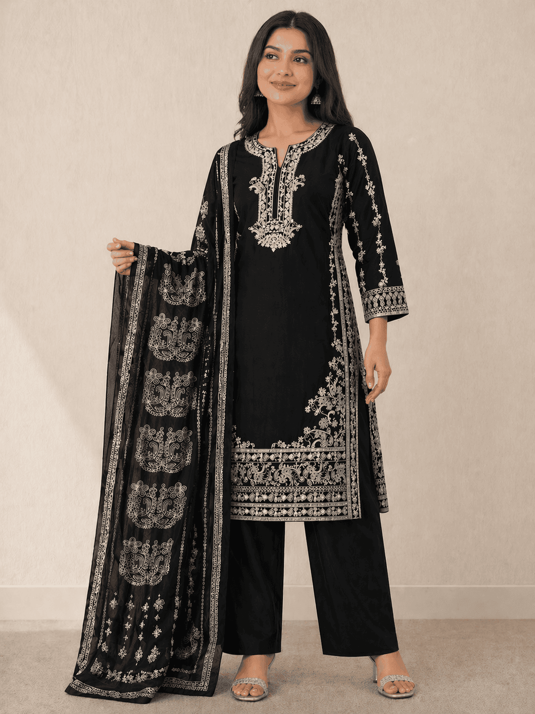 (90) Pakistani Black Linen Suit | Zari Embroidery & Printed Dupatta