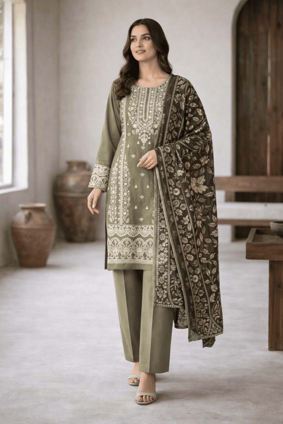 (320) Pakistani Viscose Suit | Embroidery & Palachi Dupatta Set.