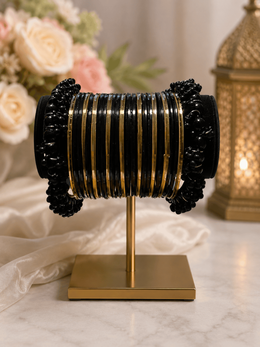 (B6) Elegant black & gold bangle set featuring sleek metallic detailing and beautiful black beaded accents size 2.8