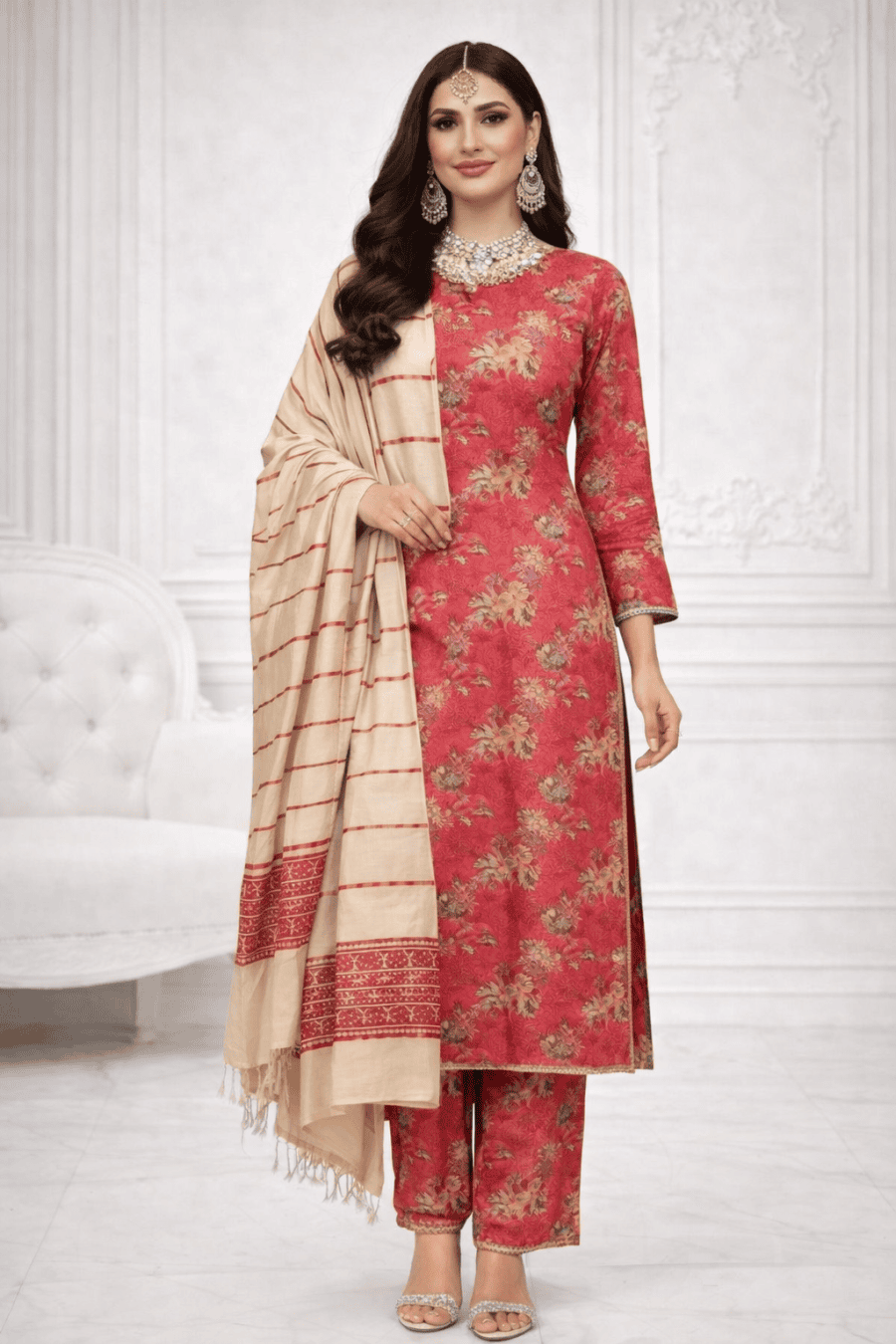 (73) Pakistani Printed Soft Khaddar Winter Suit with Gold Thread Detailed Shawl