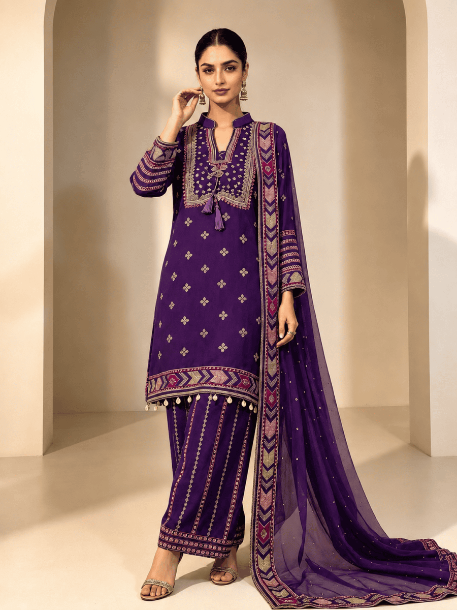 (146) Elegant purple ethnic chiffon plazzo fully lined outfit gold trim contrast colour embroidered ready to wear