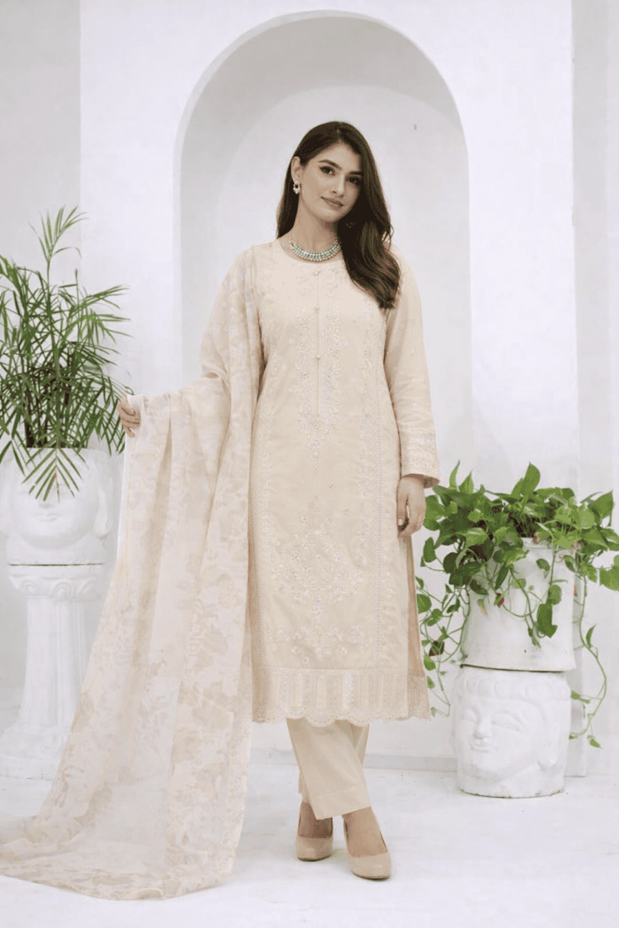 (347) Cream Chikankari Viscose Suit | Sequin Embroidery | Ready to Wear