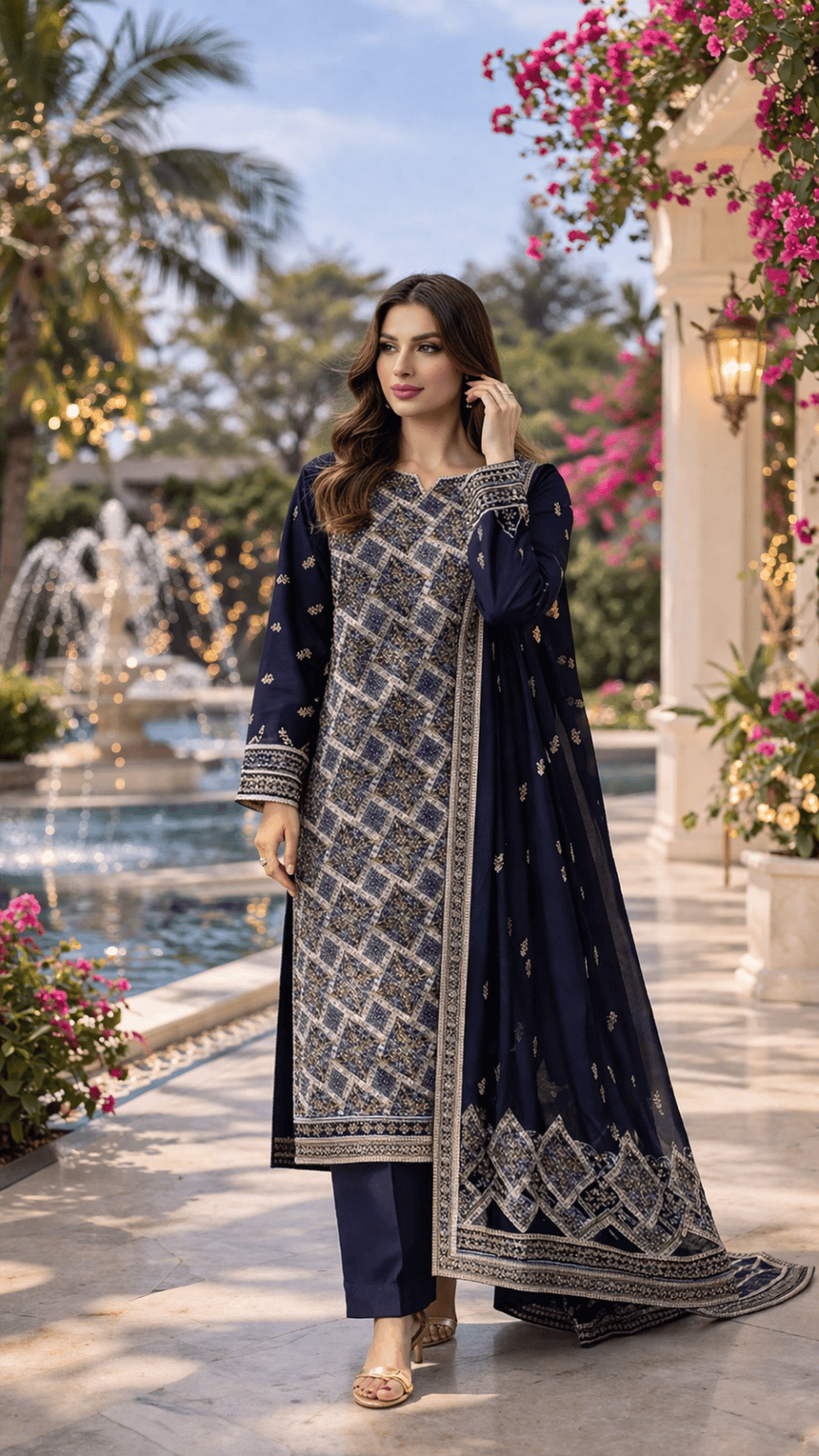 (359) Elegant navy blue fancy zari lawn suit, ready-to-wear, beautifully crafted with intricate detailing and paired with a four-sided (chaar patti) richly embroidered dupatta for a complete graceful look.