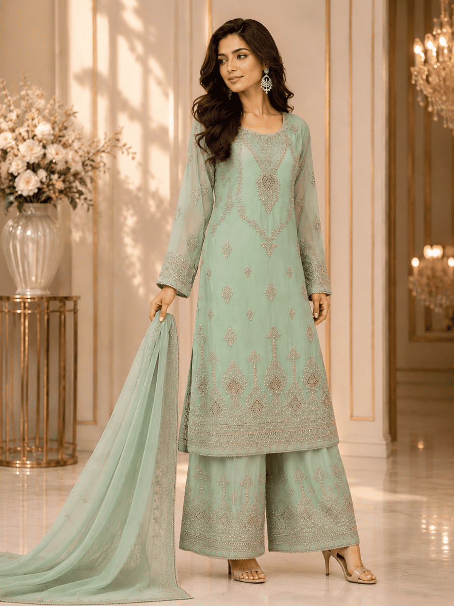 (279) Elegant Chiffon Palazzo Suit | Pearl & Diamante Gold Embroidery