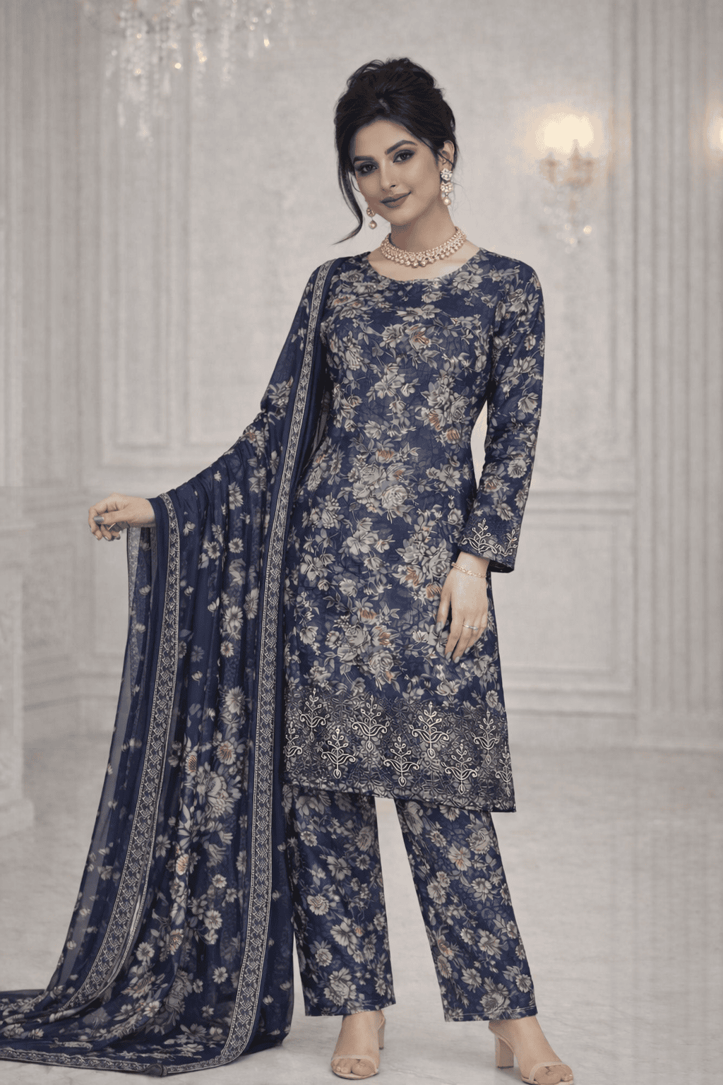 (9) Pakistani Casual Linen Floral Printed Suit with Embroidered Patchwork Lace - Image 2