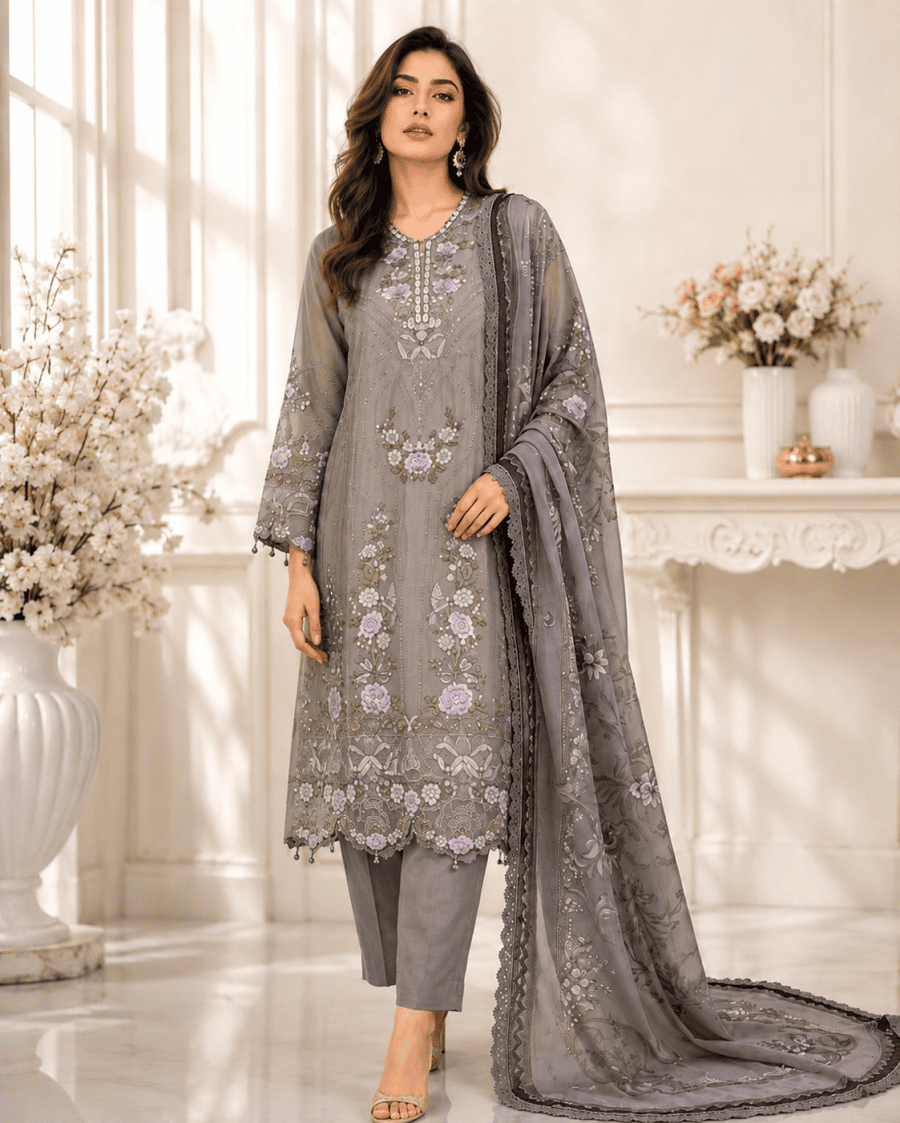 (122) Maria b chiffons inspired lace beaded diamonte neck floral chiffon kameez chiffon duppatta ready to wear