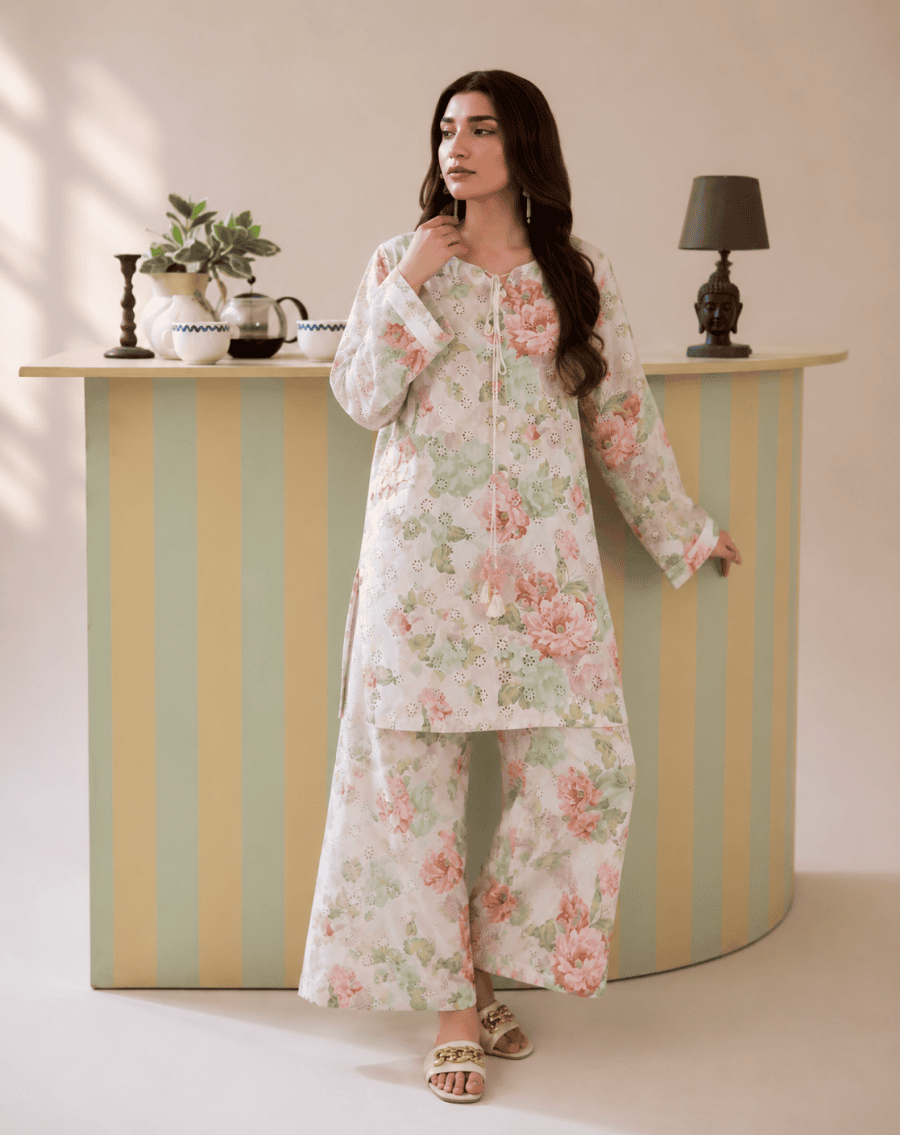(18) Adan's Schiffli Floral Chikankari Voil Lawn Co-Ord Set