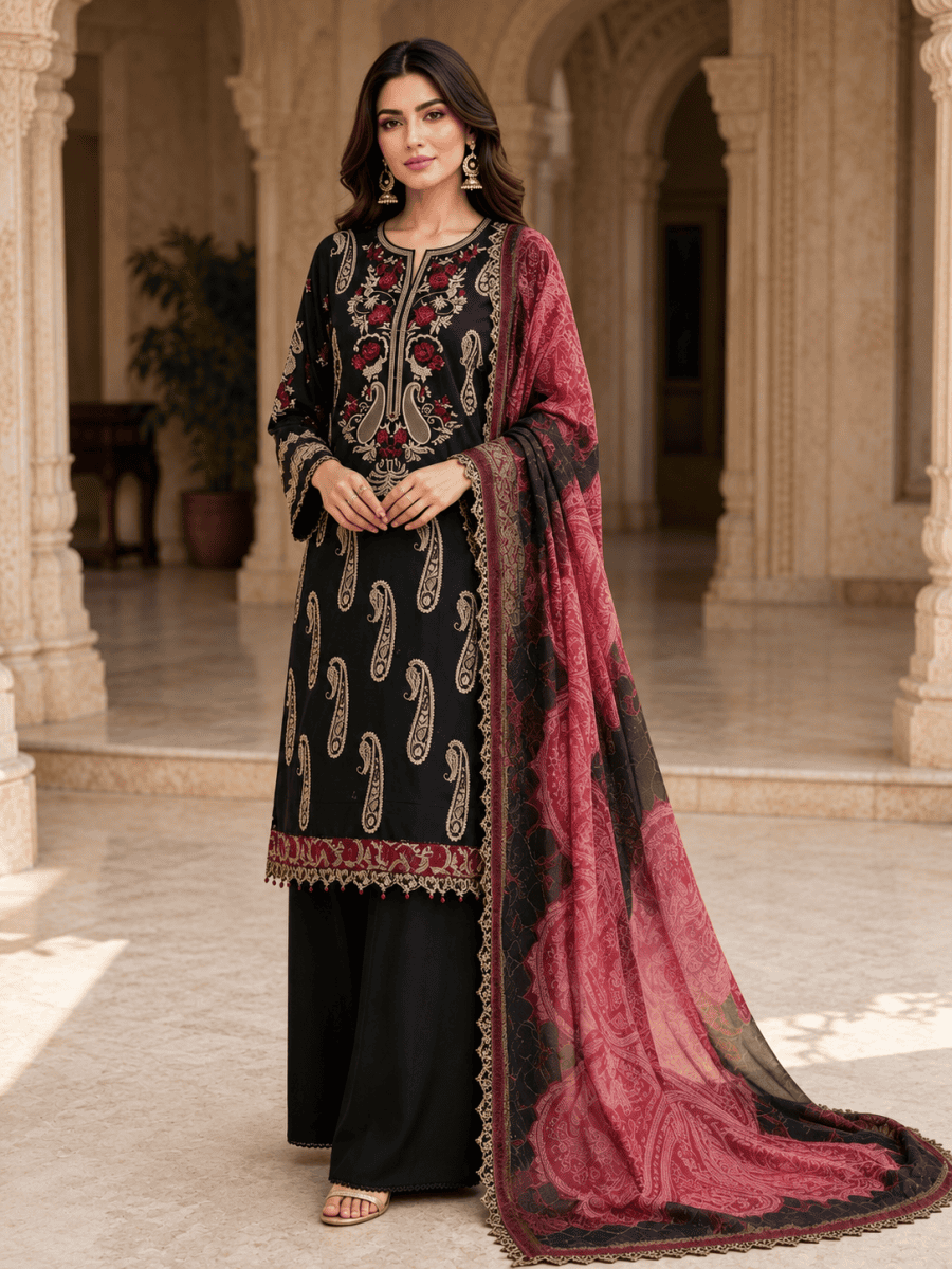 (4) Rangreza Pret Lawn Embroidered Suit with Palazzo and Chiffon Dupatta