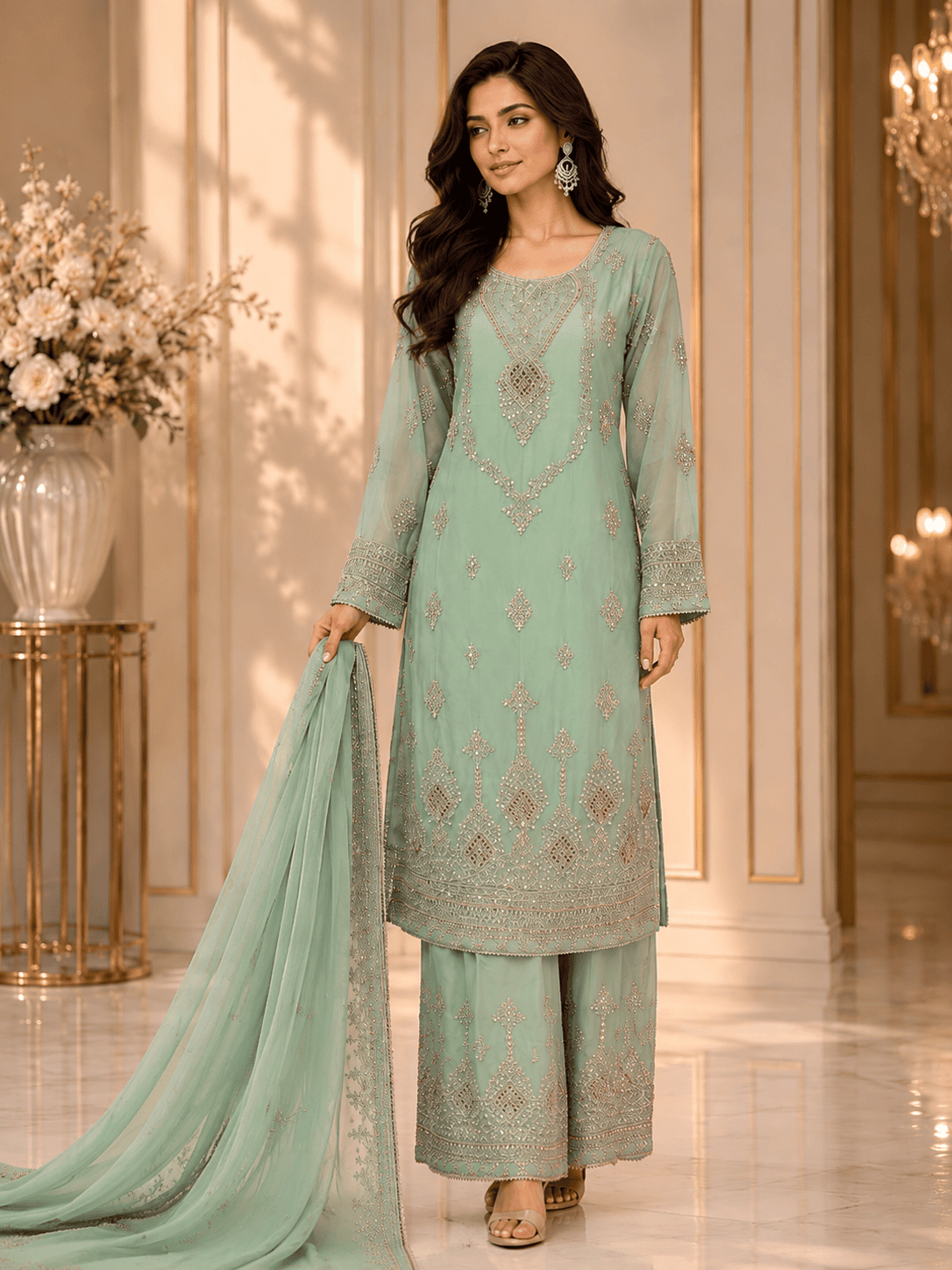 (279) Elegant Chiffon Palazzo Suit | Pearl & Diamante Gold Embroidery - Image 3