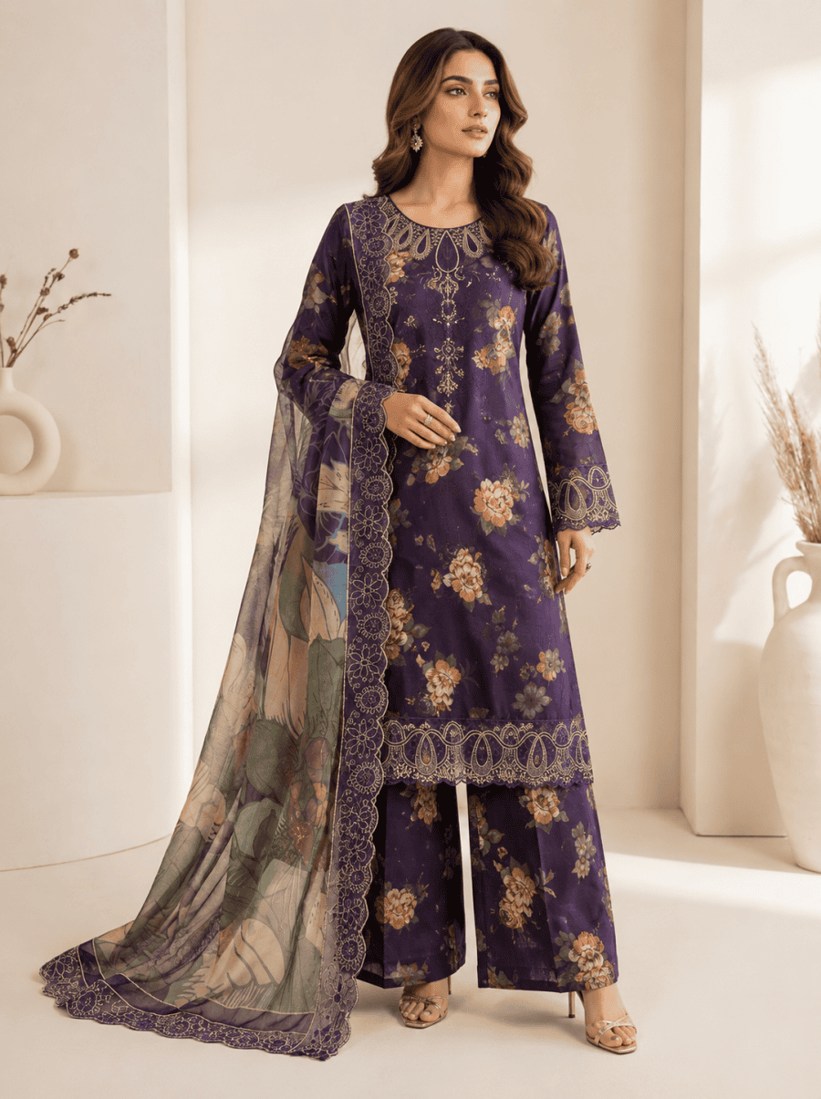 (226) Deep Purple Lawn Suit | Embroidered Neckline & Crinkle Chiffon Dupatta