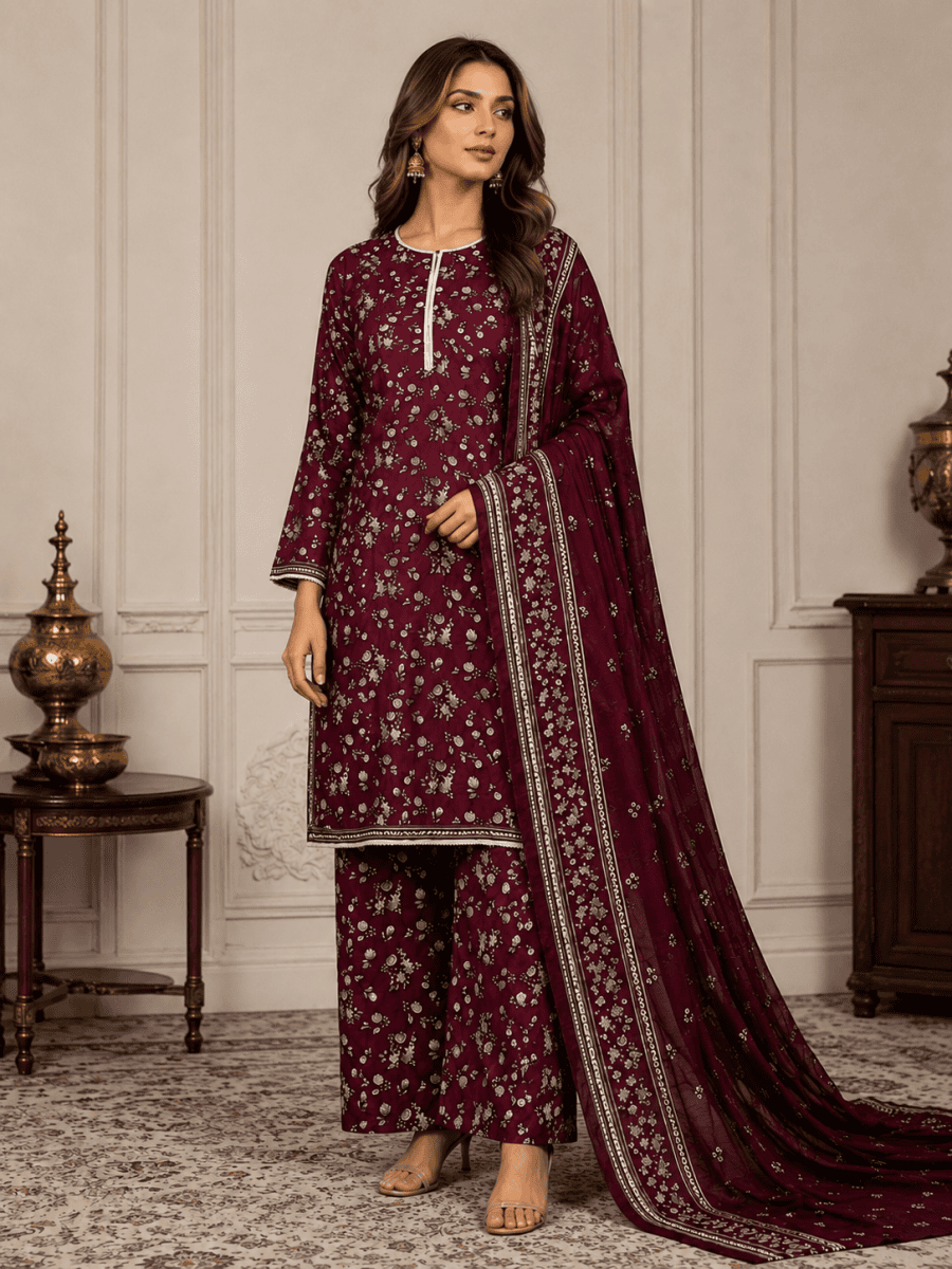 (102) Bin Saeed Elegant plum Lawn Suit Contrast Lace Printed Dupatta trousers Ready to Wear