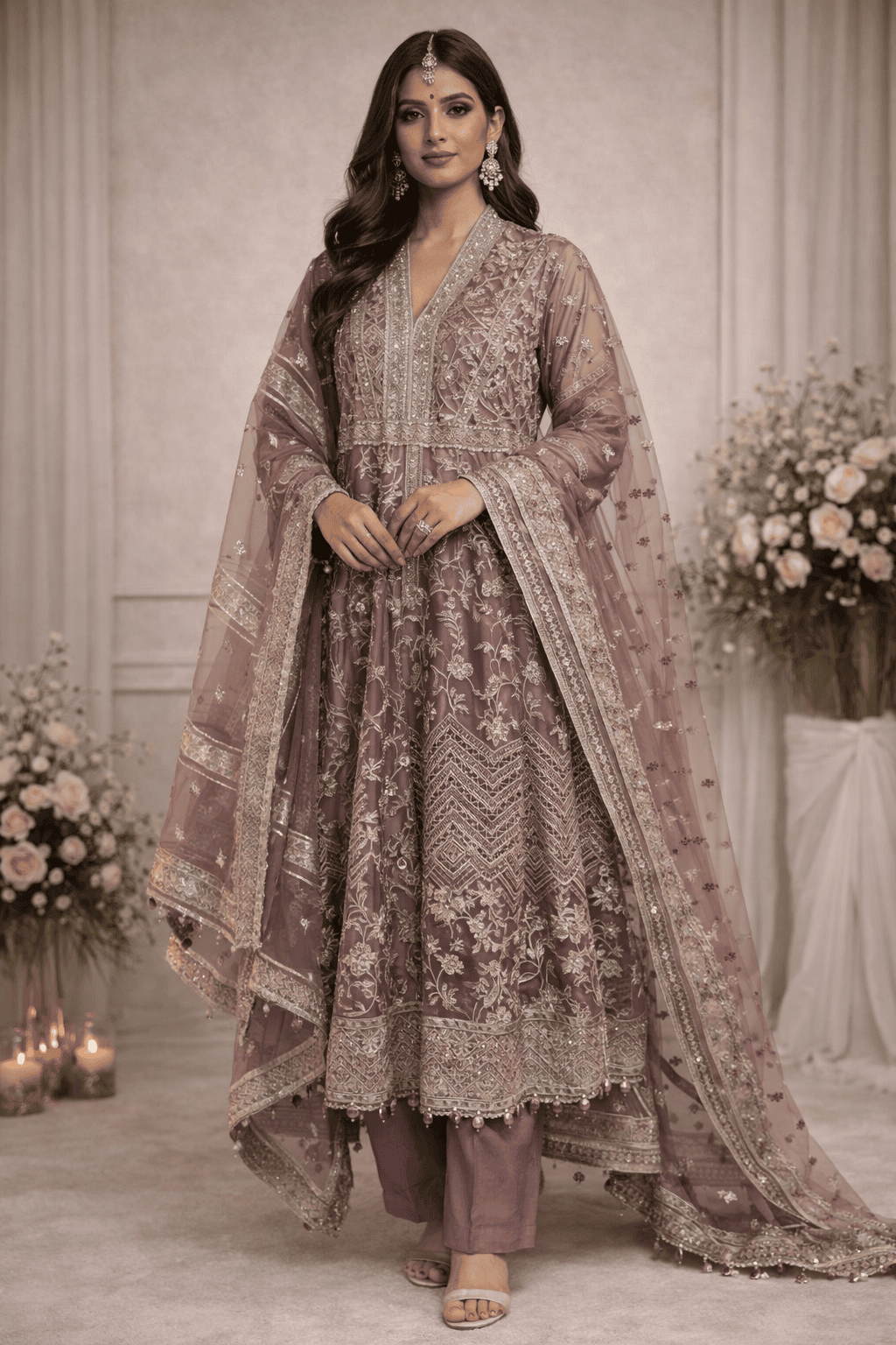 (261) Aadnan Libas Style Organza Anarkali | Pearl & Sequin Embroidery - Image 5