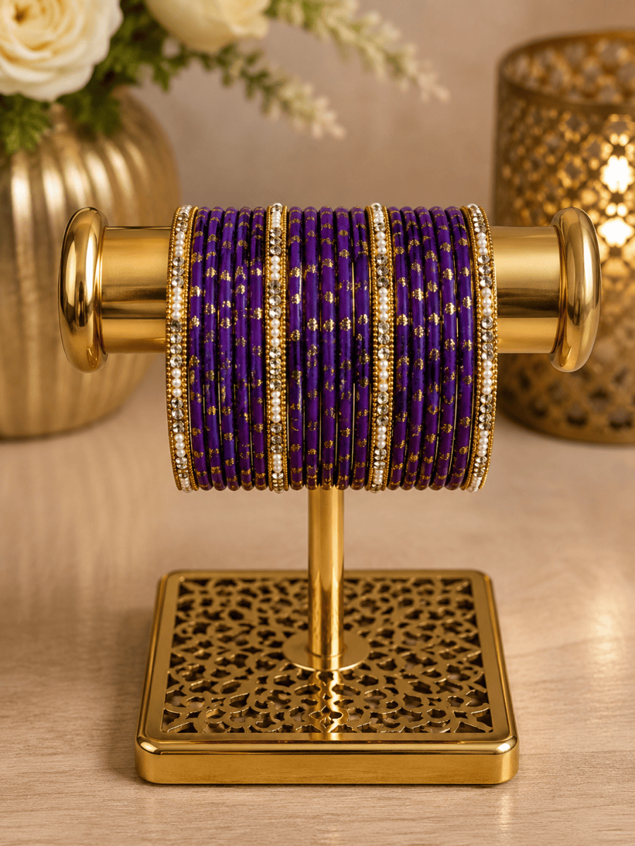 (B11) Elegant deep purple bangle set featuring delicate gold detailing and sparkling stone embellishments. A beautiful traditional design, perfect for weddings, Eid, parties and special occasions size 2.4