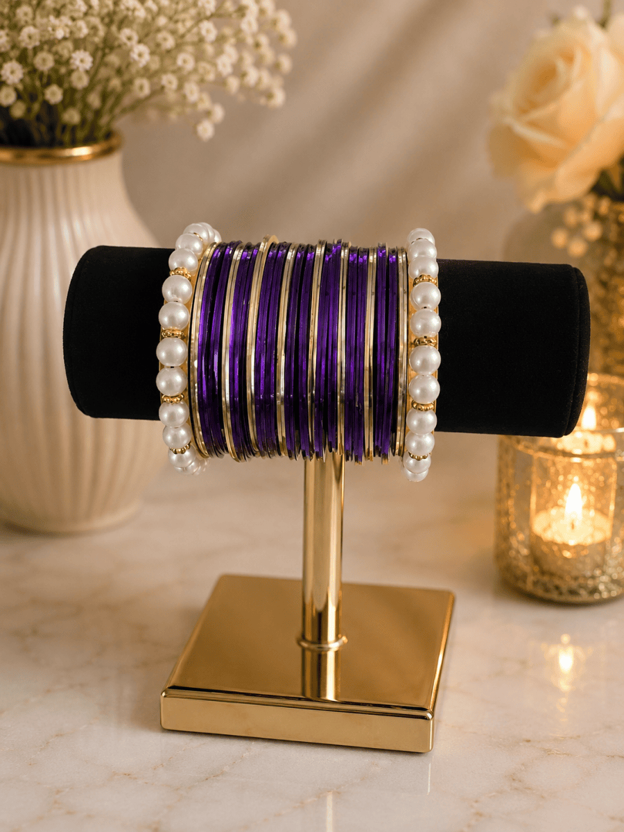 (B9) Elegant purple and gold bangle set featuring delicate pearl detailing for a luxurious finish. Perfect for weddings, Eid, parties and special occasions, adding a beautiful touch of traditional glamour to any outfit size 2.4