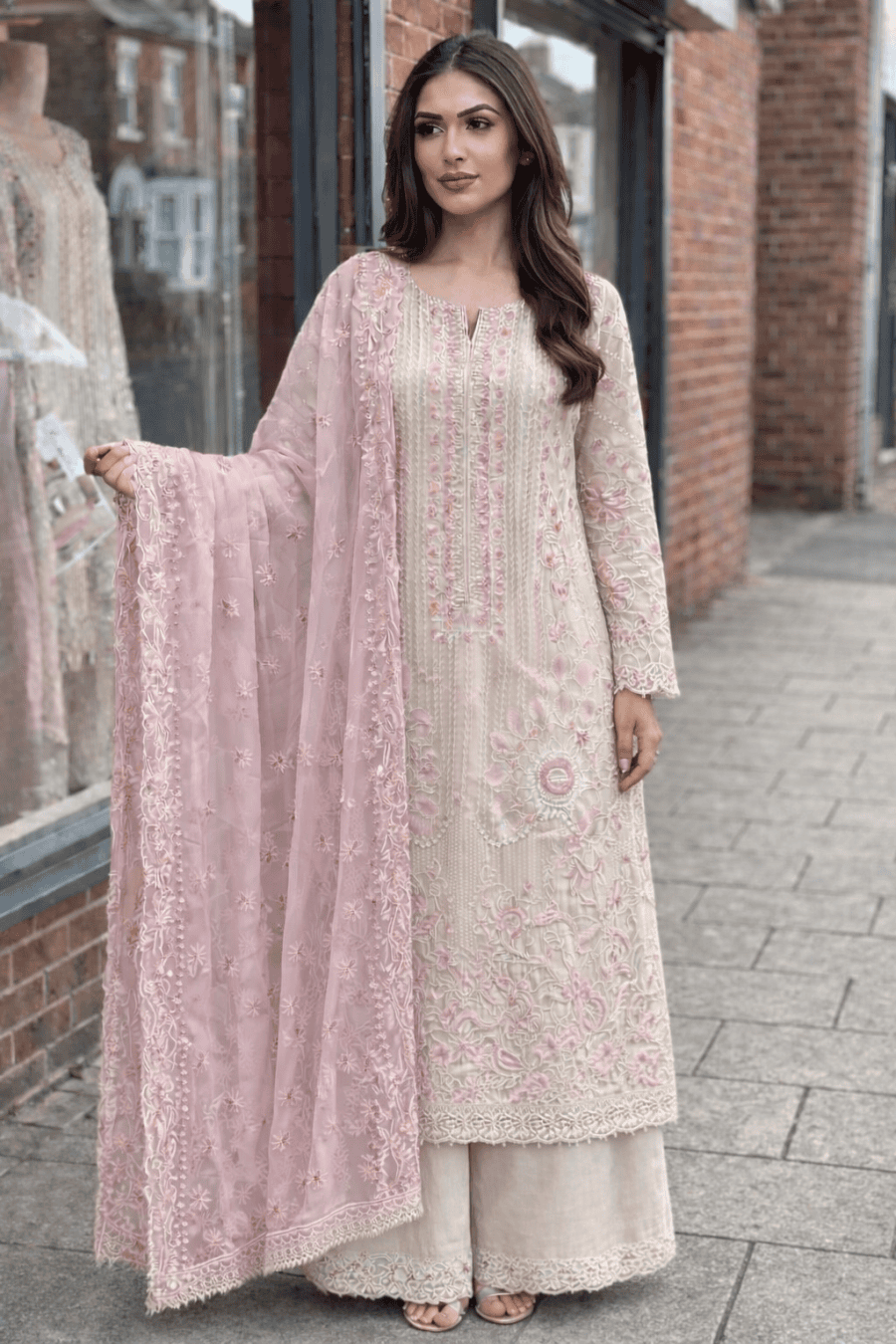 (302) Ramsha vol.27 Step into elegance with this stunning chiffon embroidered ready-made suit from Ramsha Collection Beautifully crafted with intricate embroidery, premium chiffon fabric